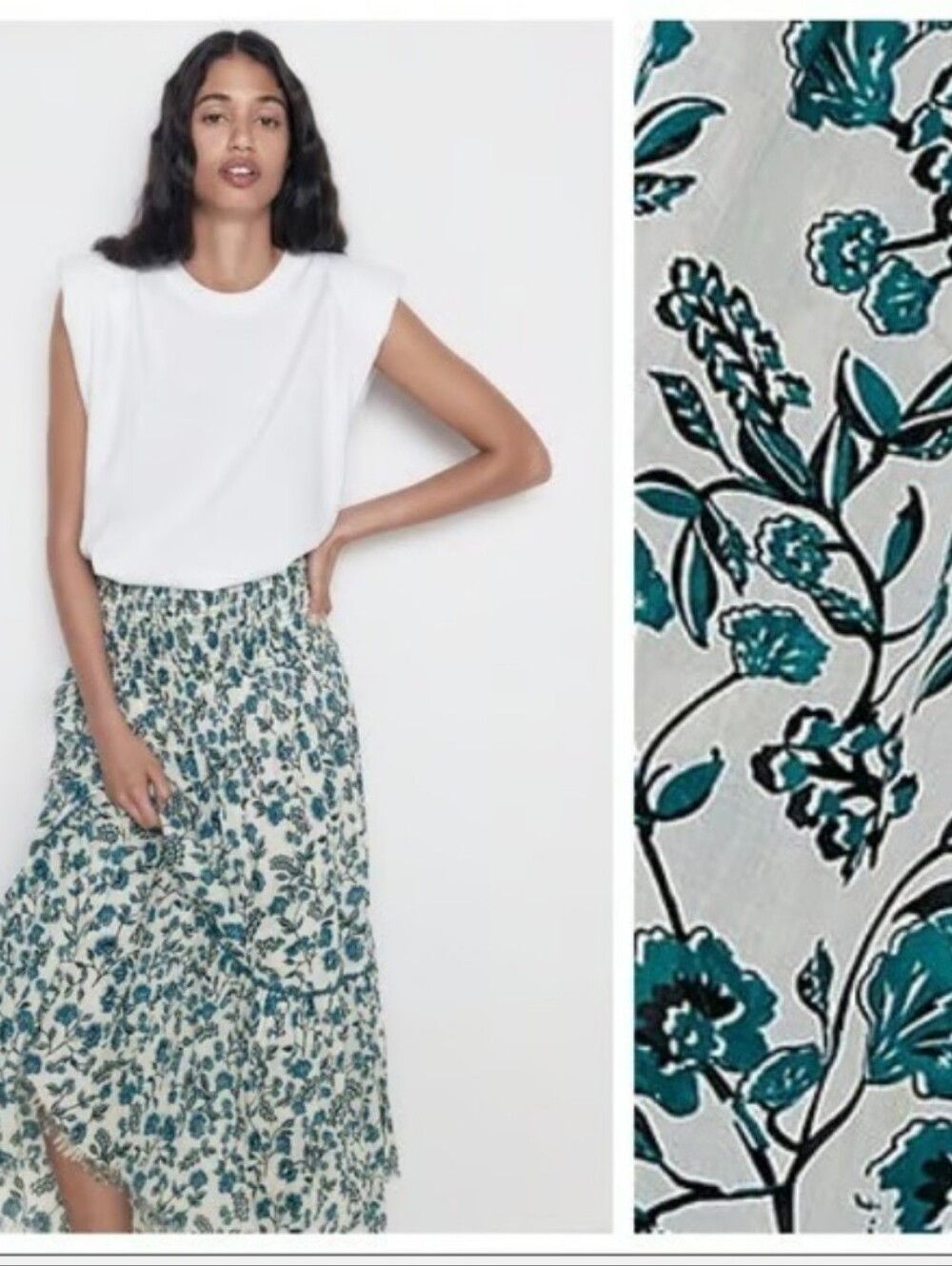 Zara Cotton Blue Floral Tiered Maxi Kiara Skirt Smocked Pullon Frayed